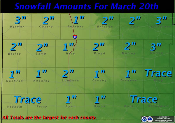 Graphic displaying the amount of snow that fell on March 20th.  Amounts are in inches. Click on the image for a larger view.