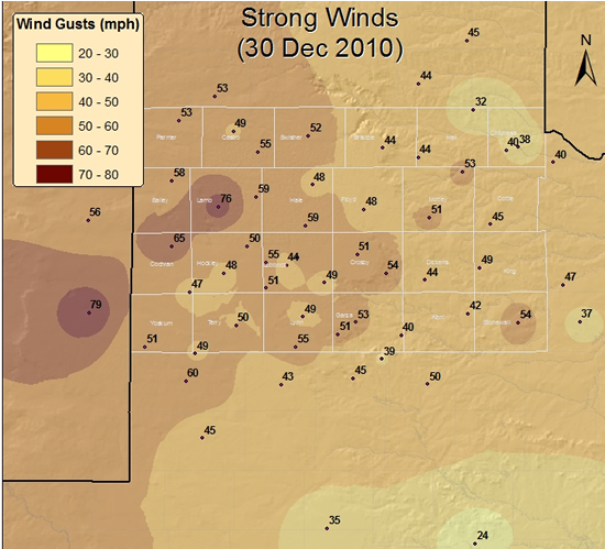 Map displaying the maximum wind gusts (mph) recorded across the South Plains region on Thursday, 30 December 2010.  The observations are courtesy of the West Texas Mesonet and the National Weather Service.