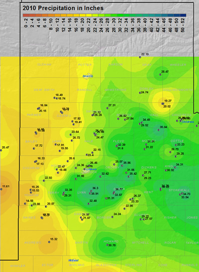 This map displays the 2010 year precipitation totals. The map was created with data gathered from the NWS Cooperative observers and the West Texas Mesonet. Click on the map to view a full-sized version.