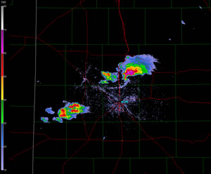 Radar reflectivity images taken from the Lubbock WSR-88D radar at 7:01 pm CDT on March 19, 2011. Click on the radar image for a larger view.
