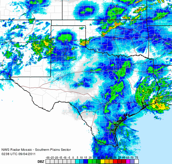 Radar animation valid from 9:38 pm to 10:48 pm on September 3, 2011.