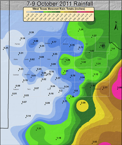 Three day rainfall totals observed from Friday (7 October 2011) through Sunday (9 October 2011). The data is courtesy of the West Texas Mesonet and the National Weather Service.  Click on the image for a larger view.