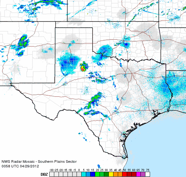 Regional radar animation captured from 7:58 pm to 9:08 pm CDT on Saturday, April 28, 2011. 