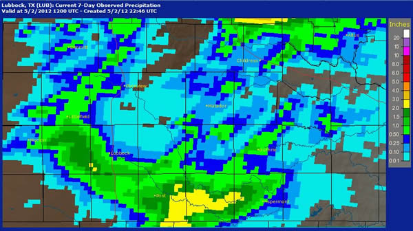 7-day total rainfall, as estimated from radar (and bias corrected), ending at 7 am on May 2, 2012. The heavy swath of rainfall that fell April 29th is apparent to the south and west of Lubbock. Much of the rainfall observed in the Rolling Plains occurred on the 28th and the 30th of April. Click on the image for a larger view. 