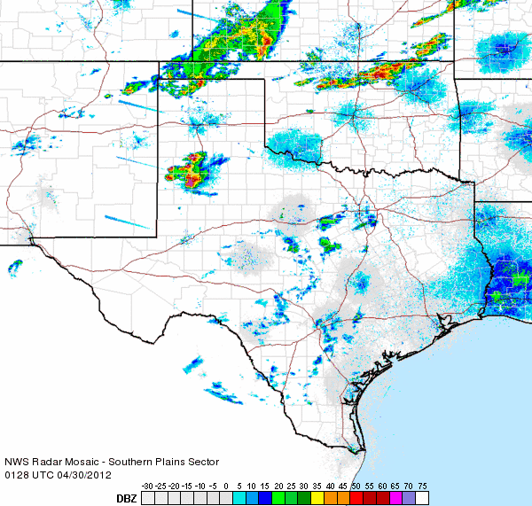 Regional radar animation captured from 8:28 pm to 9:38 pm CDT on Saturday, April 29, 2012. The storm that dropped the very large hail and produced the damaging winds can be seen moving through southern Lubbock County.