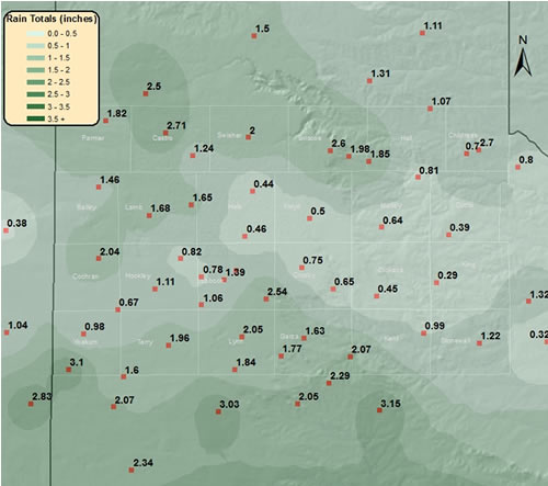 Observed rainfall totals for the beginning half of May (1st through the 14th). The data is courtesy of the West Texas Mesonet and that National Weather Service. Aside from a couple spots, all of the rain fell between the 7th and the 14th. Click on the plot for a larger view.
