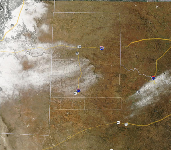 satellite image of snow field across eastern New Mexico and West Texas