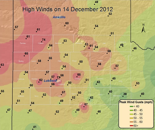 Plot of the maximum winds (mph) recorded on 14 December 2012. Data are courtesy of the West Texas Mesonet and the National Weather Service. Click on the map for a larger view.