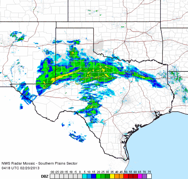 Radar animation valid from 10:18 to 11:28 pm on Wednesday, February 20th, 2013.  