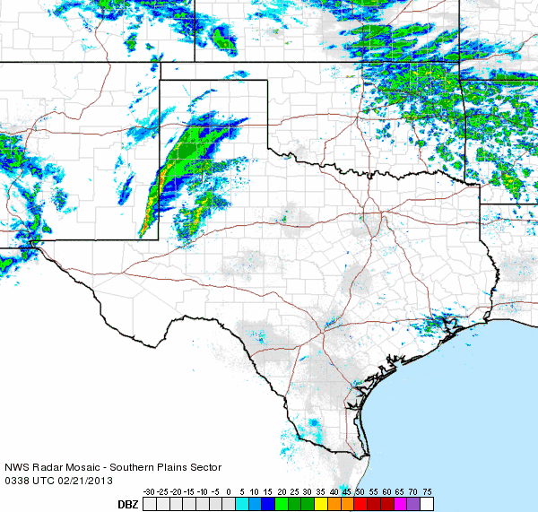 Radar animation valid from 9:38 to 10:48 pm on Wednesday, February 20th, 2013.