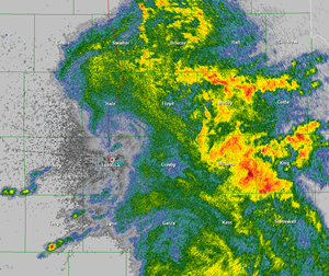 Radar image at 1:00 am (base reflectivity from the Lubbock radar)