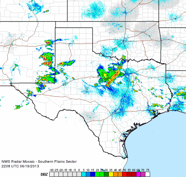 Radar animation valid from 5:08 to 6:18 pm on 19 June 2013.
