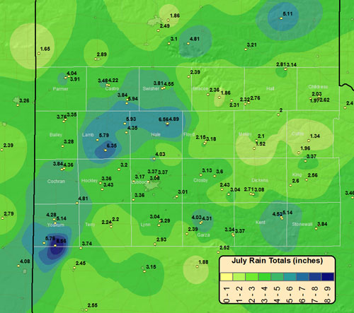 Map of July precipitation across the South Plains area. Click on the image to see a larger version.