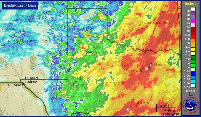 Radar-estimated and bias-corrected 7-day rain total ending at 4 pm on Saturday, 30 May 2015. A close up of the South Plains region can be viewed by clicking on the map.