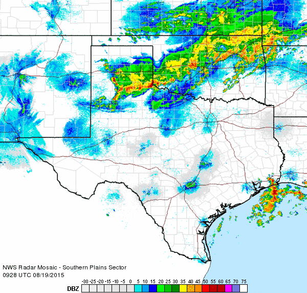 Regional radar animation valid from 4:28 to 5:38 am on Wednesday, 19 August 2015.