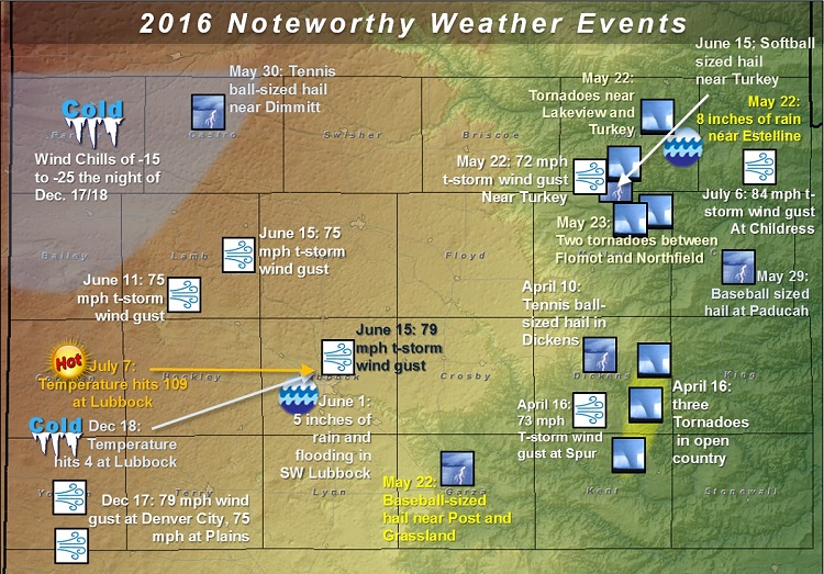 map with significant weather events from 2016