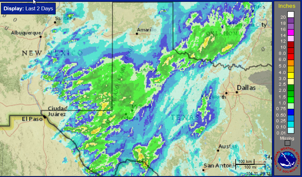 Two-day radar-estimated and bias-corrected rainfall ending at noon on 13 April 2017. To view a close up of the South Plains region click on the map. Additionally, a 48-hour rain total map from the West Texas Mesonet can be FOUND HERE.