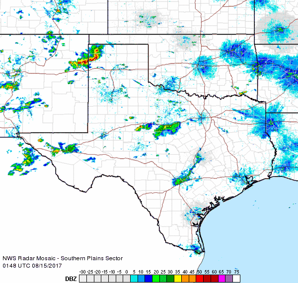 Regional radar animation valid from 8:48 pm to 9:58 pm on Monday, 14 August 2017.