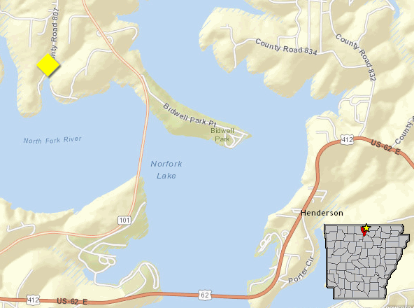 Map of Norfork Lake at County Road 806 (Baxter County), with high water sign placement in yellow.