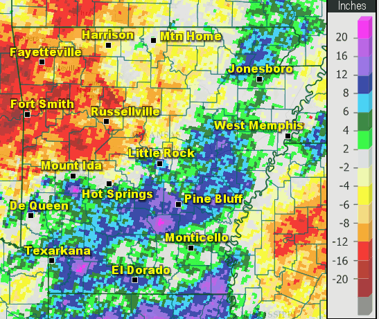 Departure from average precipitation in 2016.