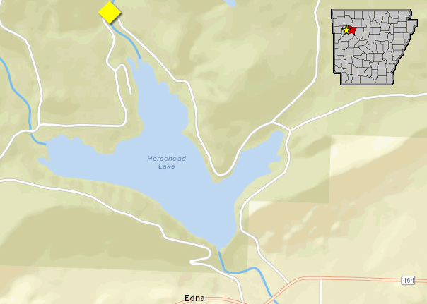 Map of Horsehead Lake (Johnson County), with high water sign placement in yellow.