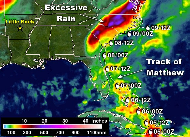 Hurricane Matthew headed from the Caribbean Sea to the western Atlantic Ocean in early October, 2016. The system followed the coastline from Florida to the Carolinas, and produced a tremendous amount of rain.