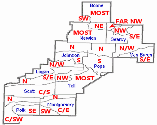 Eleven counties in the Little Rock (LZK) County Warning Area were split into twenty five zones based on elevation (mainly in the Ozark and Ouachita Mountains in northern and western sections of the state). In the map, abbreviations are as follows..."N" is north, "S" is south, "E" is east, "W" is west, "NW" is northwest, "NE" is northeast, "SW" is southwest, "SE" is southeast, "C" is central, and "MOST" is most of the county.