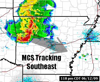 The WSR-88D (Doppler Weather Radar) showed an MCS (Mesoscale Convective System...or a large cluster of thunderstorms) surging from western into central Arkansas at 118 pm CDT on 06/12/2009.
