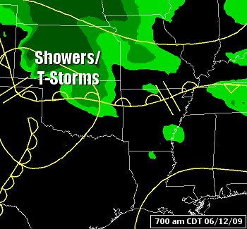 Showers and thunderstorms tracked along a nearly stationary front into Arkansas on 06/12/2009.