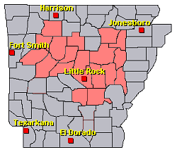 Preliminary reports of severe weather in the Little Rock County Warning Area on June 12, 2009 (in red).