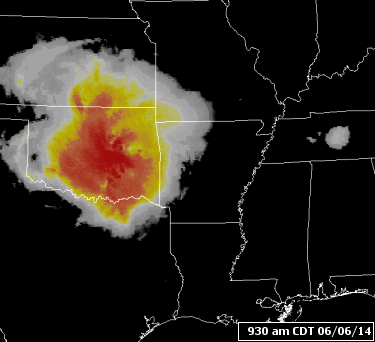 The satellite showed storms advancing quickly eastward through Arkansas from 930 am to 330 pm CDT on 06/06/2014.