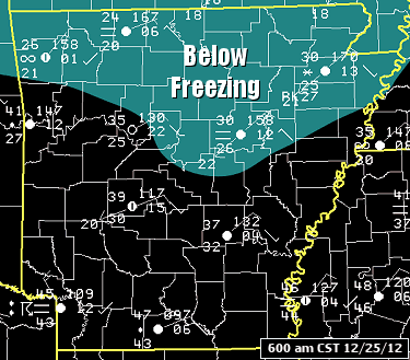 The surface map showed below freezing temperatures spreading from northern into central Arkansas at 600 am CST on 12/25/2012.