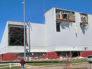 Thunderstorm gusts over 80 mph caused extensive damage at Fairview High School in Camden (Ouachita County) early on 04/04/2014.