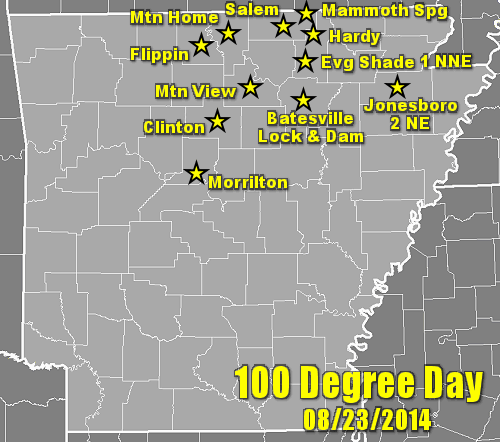 Temperatures reached at least 100 degrees at eleven sites from central into northeast Arkansas on 08/23/2014.