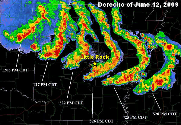 A long-lived bow echo, or "derecho" (Spanish for "straight", or in this case, straight-line winds), rocketed eastward across Arkansas in four to five hours during the afternoon of 06/12/2009.