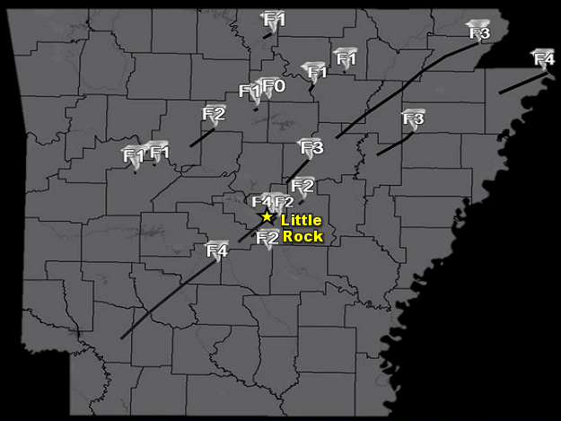 Seventeen tornadoes were spawned on March 1, 1997. The deadliest tornadoes tracked along Interstate 30 from Arkadelphia (Clark County) to Little Rock (Pulaski County).