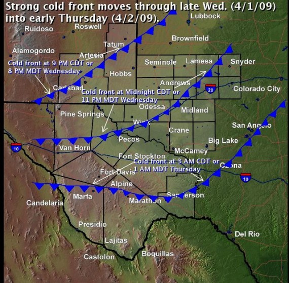 Graphic showing the location of a strong cold front