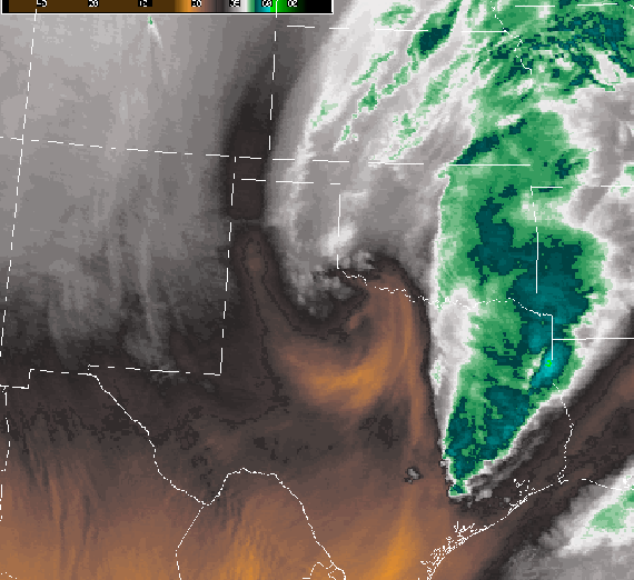 Satellite image of a strong low centered near Childress
