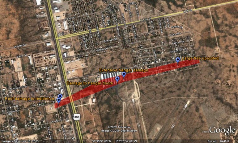 Google Earth Image showing area of damage near Odessa, Texas