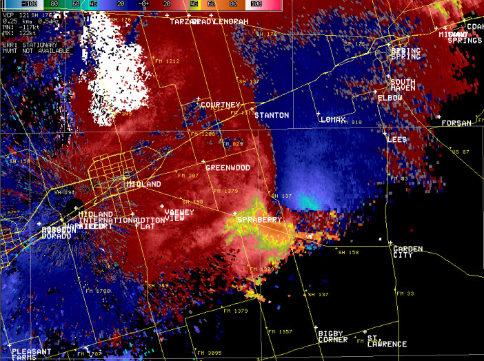 radar image showing strong rotation with a tornadic supercell