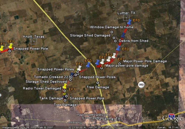 Google Earth Image showing area of damage north of Big Spring, Texas