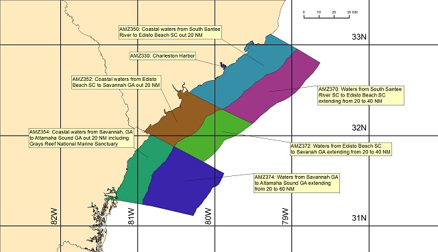 map showing marine forecast zones near Charleston, SC