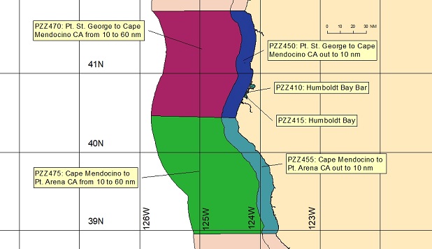 map showing marine forecast zones near Eureka, CA