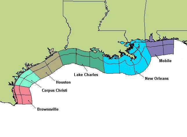 map of Gulf Coast states, showing National Weather Service offices that issue marine weather forecasts