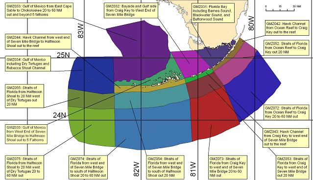 map showing marine forecast zones near Key West, FL