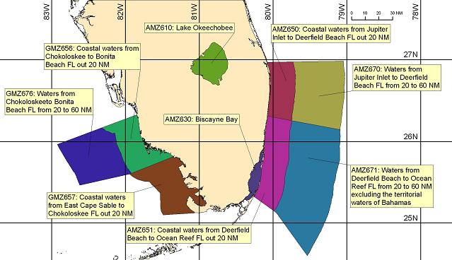 map showing marine forecast zones near Miami, FL