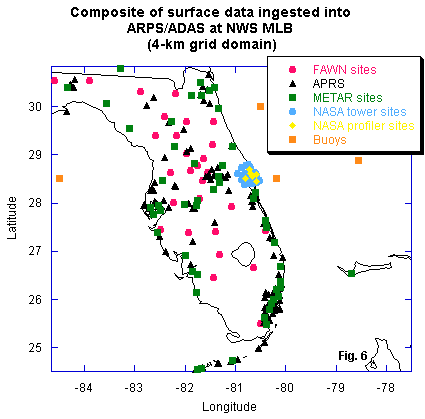 Composite of surface data routinely ingested into ARPS/ADAS at NWS MLB - (4-km grid)