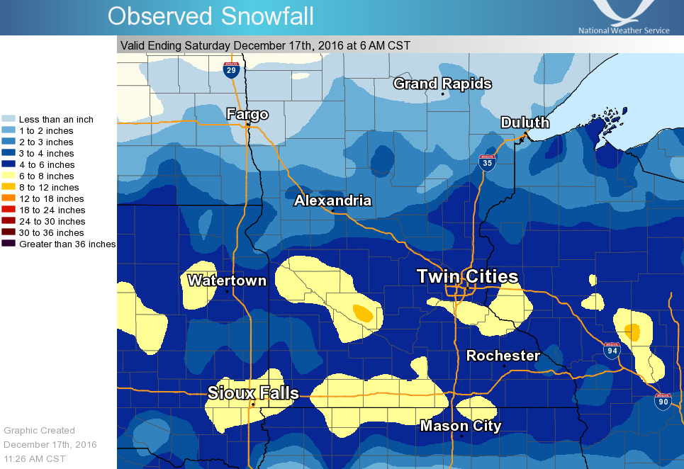 Snowfall Totals for December 16-17, 2016