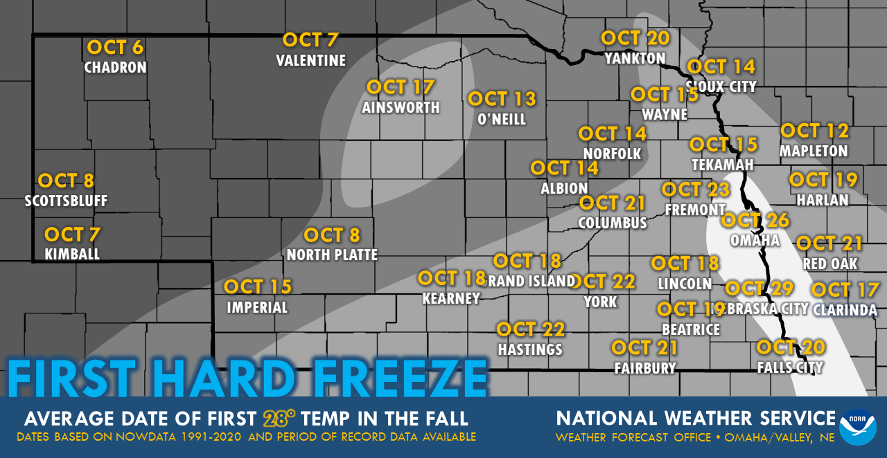 First 28° Hard Freeze Date on Average