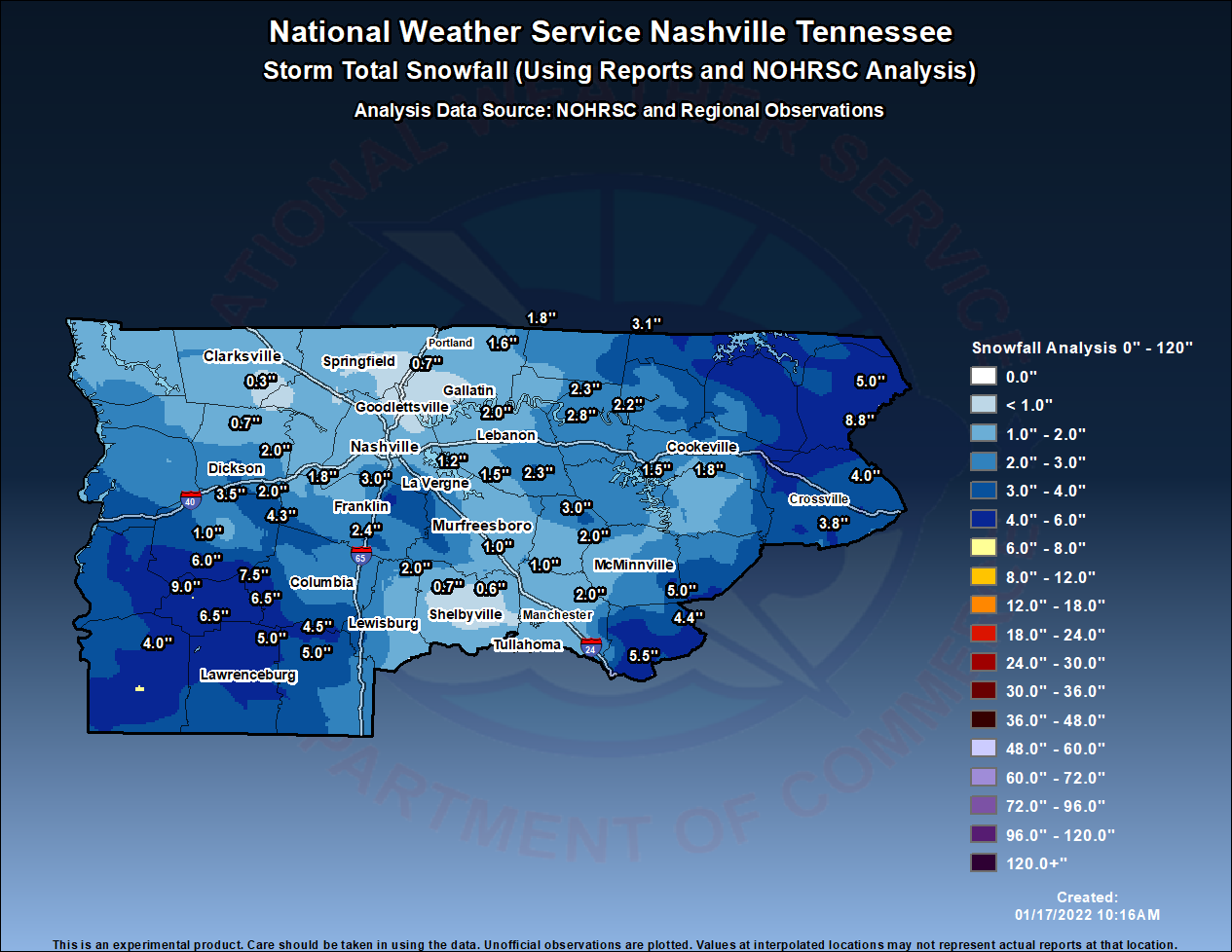 NWS Nashville Snowfall Analysis